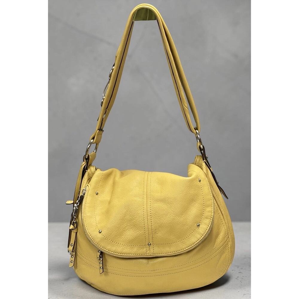 Leather Hobo Shoulder Bag Yellow Conv Strap Silver Tone B Makowsky Y2K READ